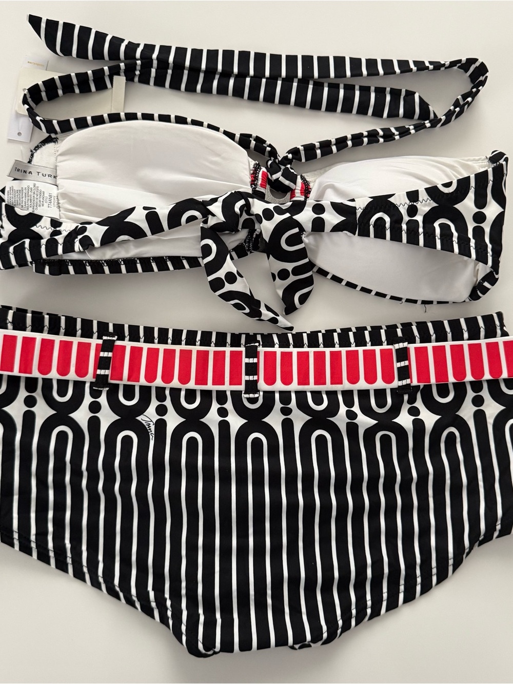 Trina Turk Mod Maze Black White Red Geometric Bikini Bandeau Belted Retro 10 NWT - Picture 2 of 10